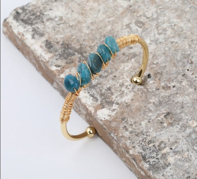 Blue Apatite Wire Wrap Gold Bracelet