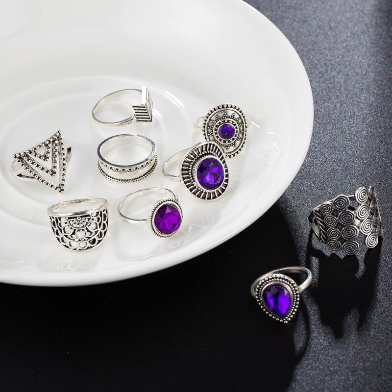Boho Purple Gem Ring Set