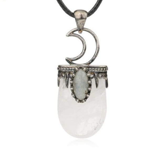 Clear Quartz Labradorite Crescent Moon Necklace