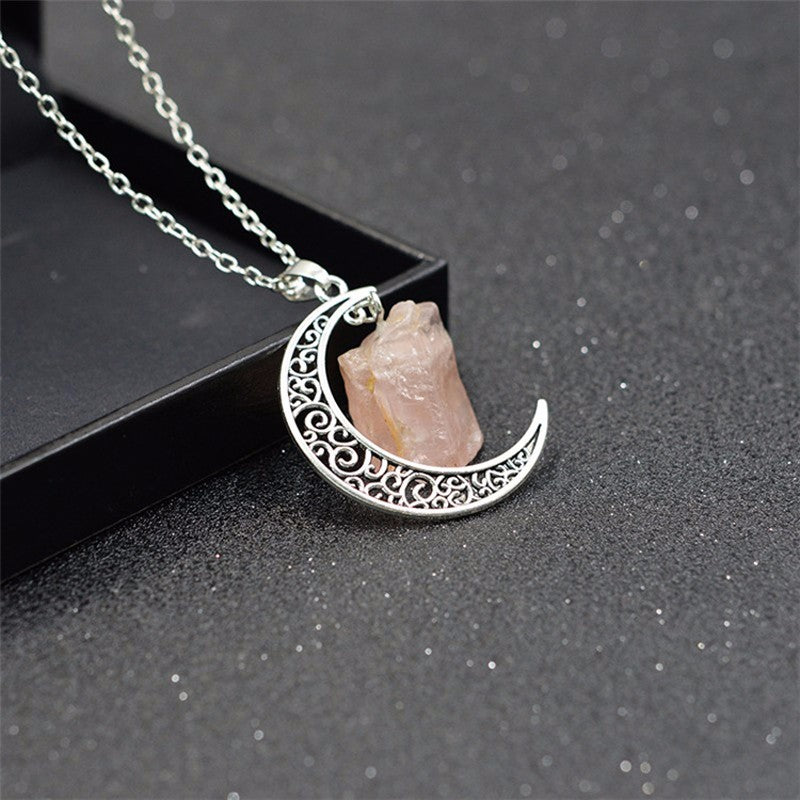 Crescent Moon Rose Quartz Silver Necklace