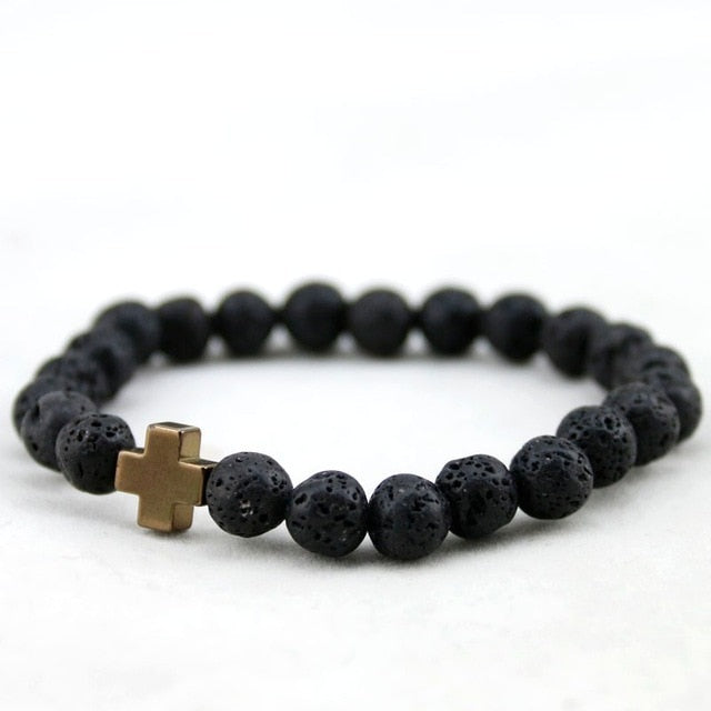 Gold Cross Lava Rock Bead Bracelet