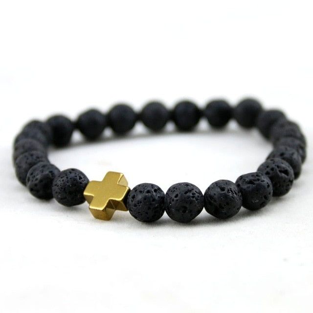 Gold Cross Lava Rock Bead Bracelets