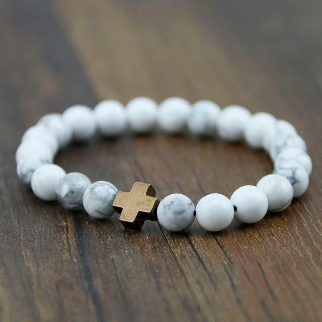 Gold Cross White Howlite Bead Bracelet