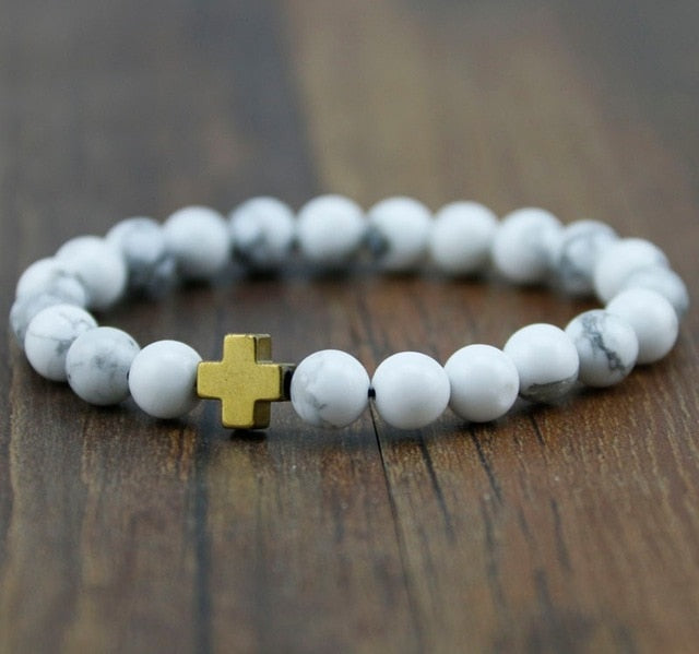Gold Cross White Howlite Bead Bracelets