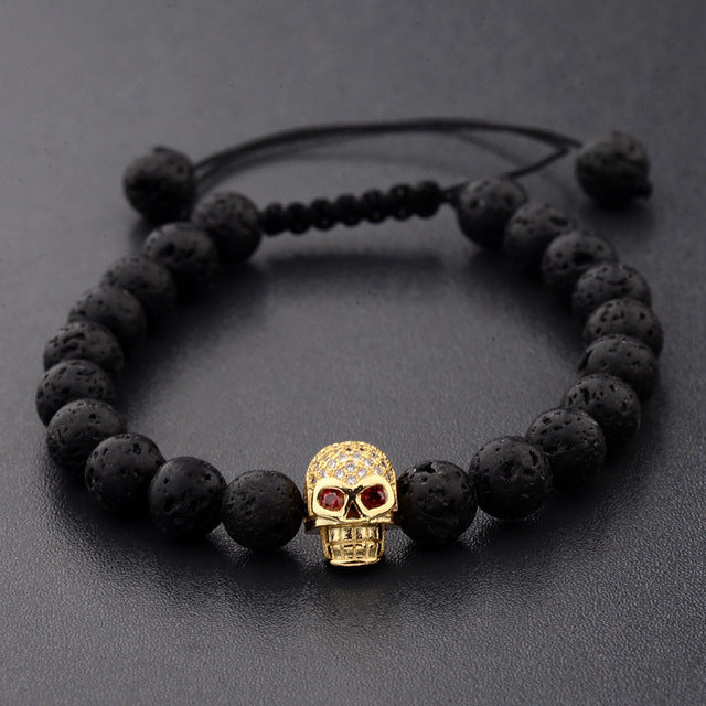 Gold Skull Lava Rock Bead Bracelet