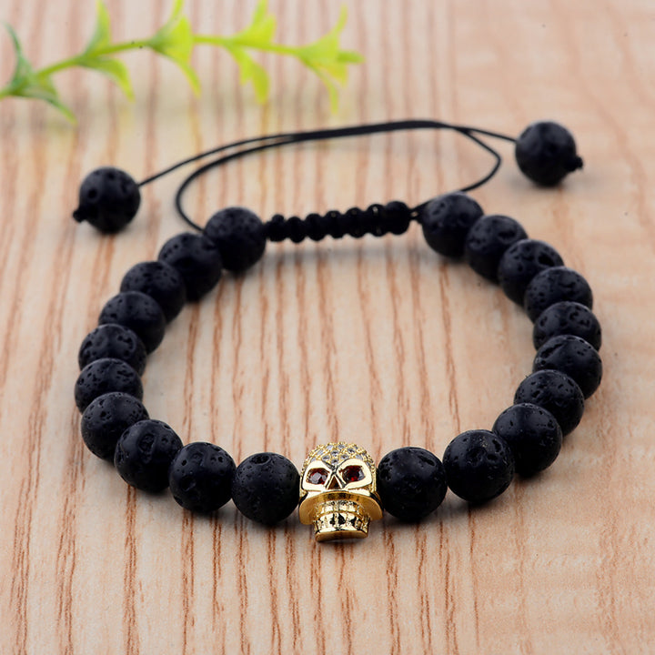 Gold Skull Lava Rock Bead Bracelet