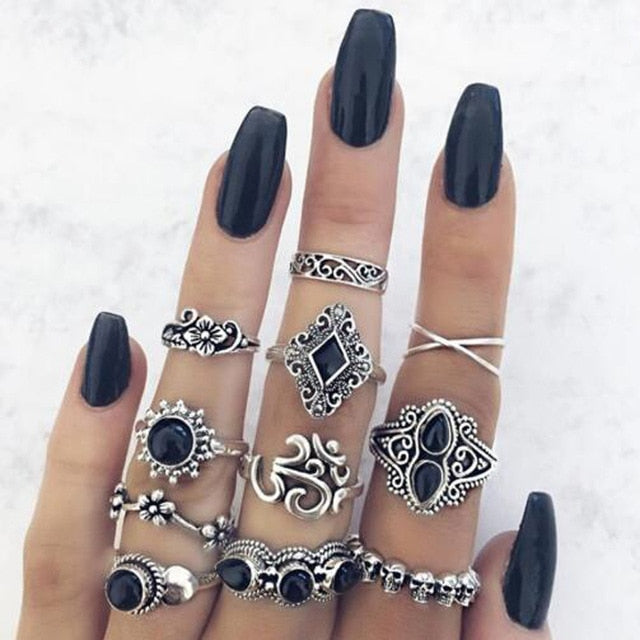 Goth Witch Silver Ring Set