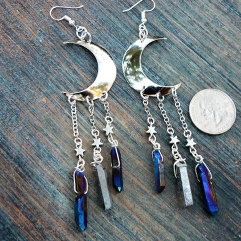 Rainbow Titanium Quartz Moon Earrings For Sale | Green Witch Creations