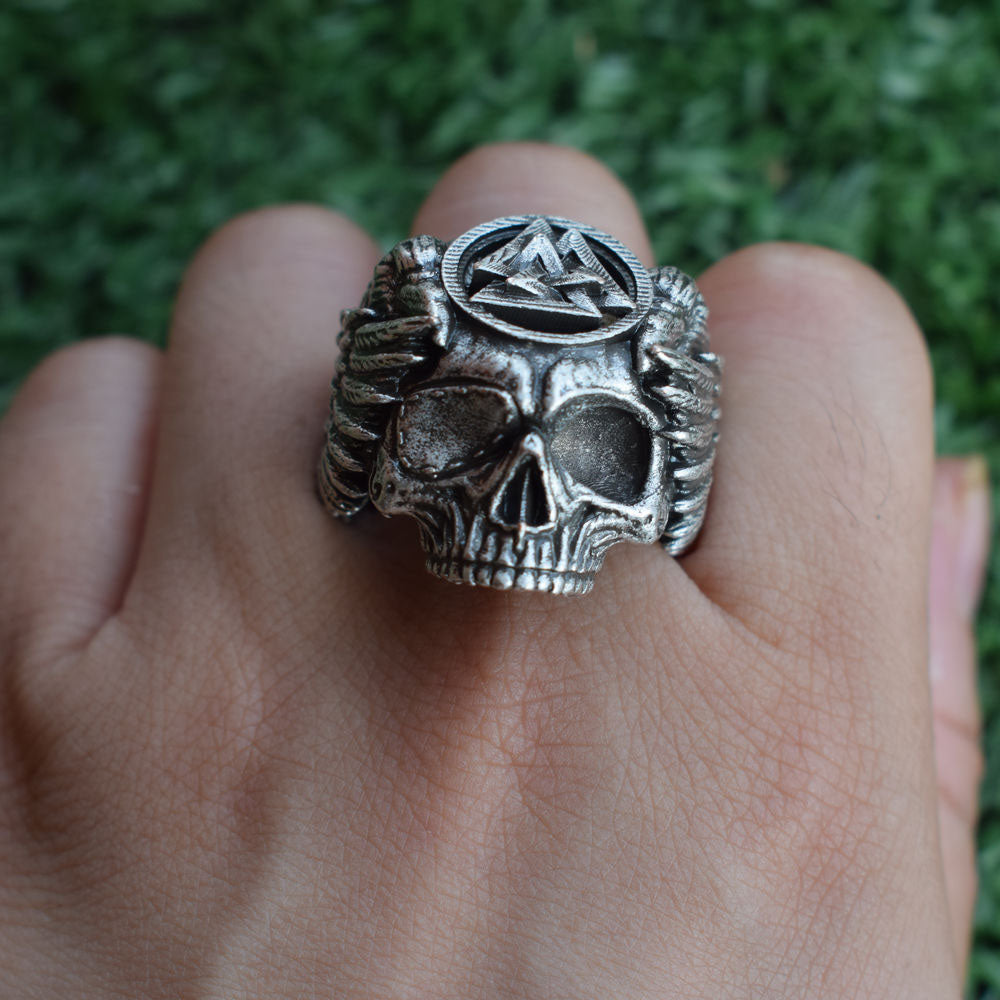 Men's Skull Raven Valknut Ring