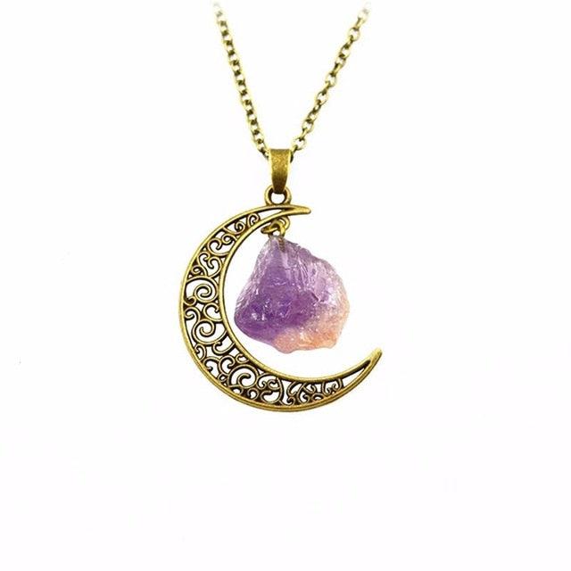  Moon Amethyst Crystal Gold Necklace