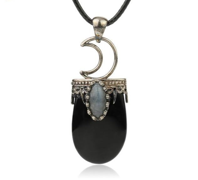 Onyx Labradorite Crescent Moon Necklace