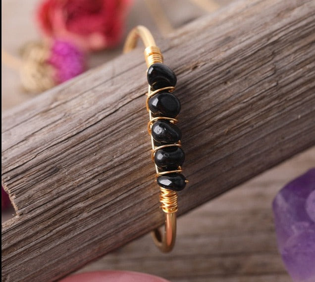 Onyx Wire Wrap Gold Bracelet