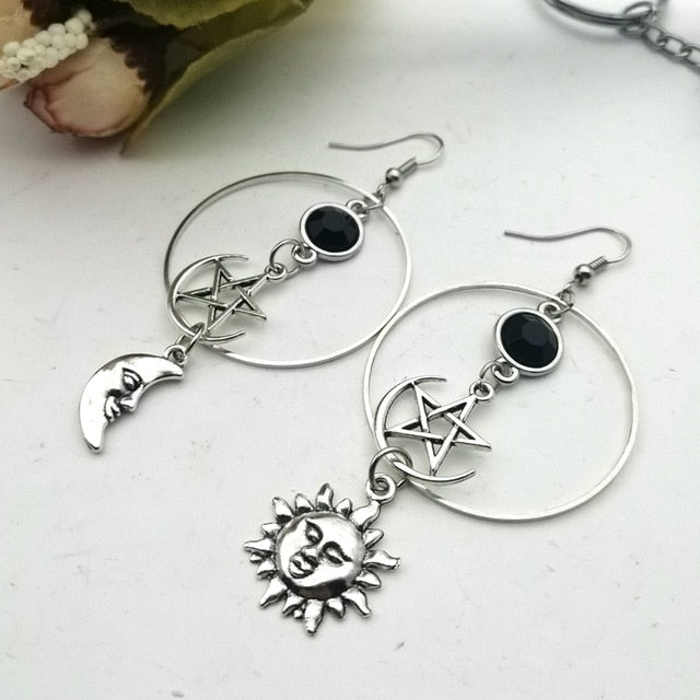 Pentacle Moon Sun Hoop Earrings