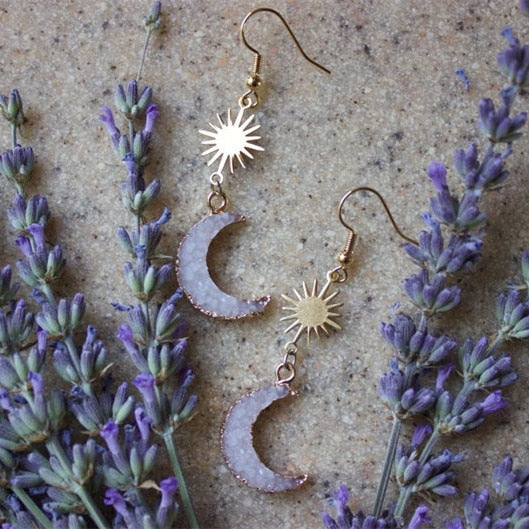 Purple Druzy Crescent Moon Sun Earrings