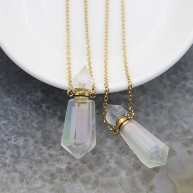 Rainbow Aura Quartz Oil Bottle Necklaces