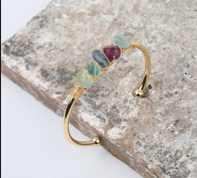 Rainbow Fluorite Wire Wrap Gold Bracelet