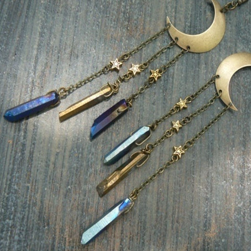 Rainbow Titanium Quartz Crystal Moon Earrings