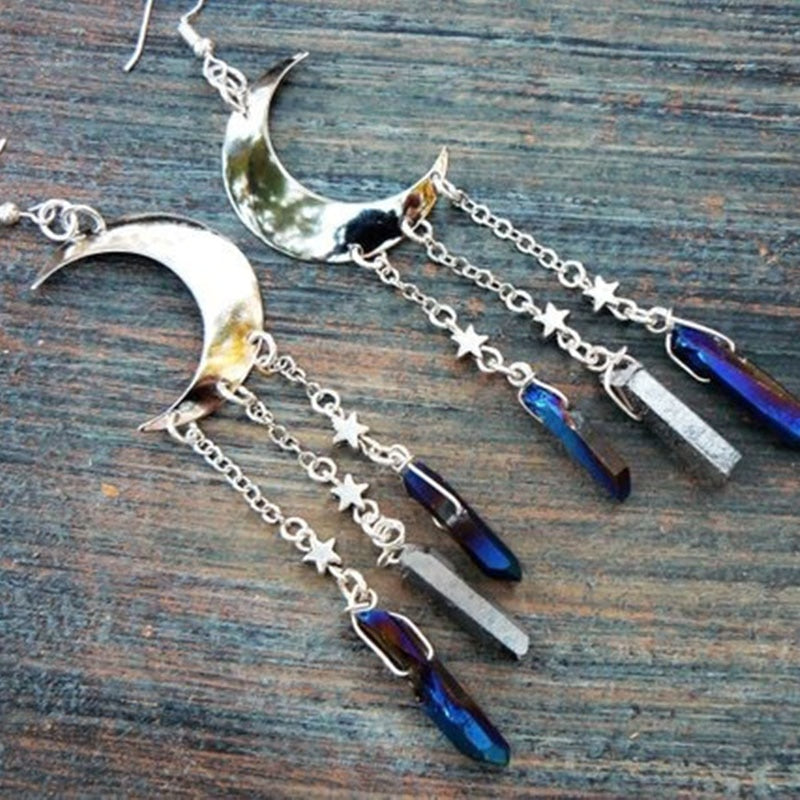 Rainbow Titanium Quartz Moon Earrings