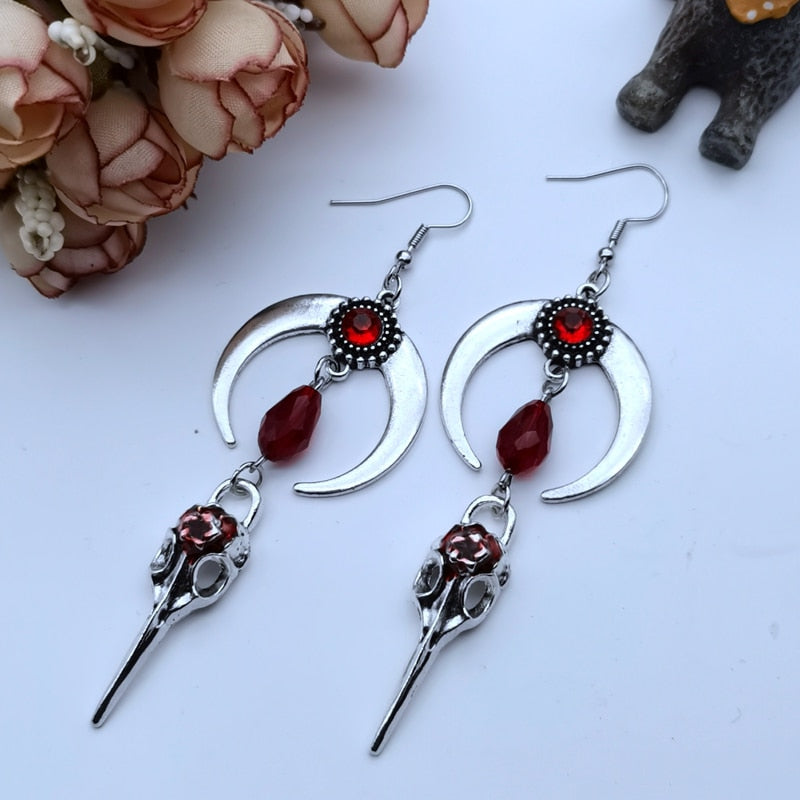 Raven Skull Moon Earrings