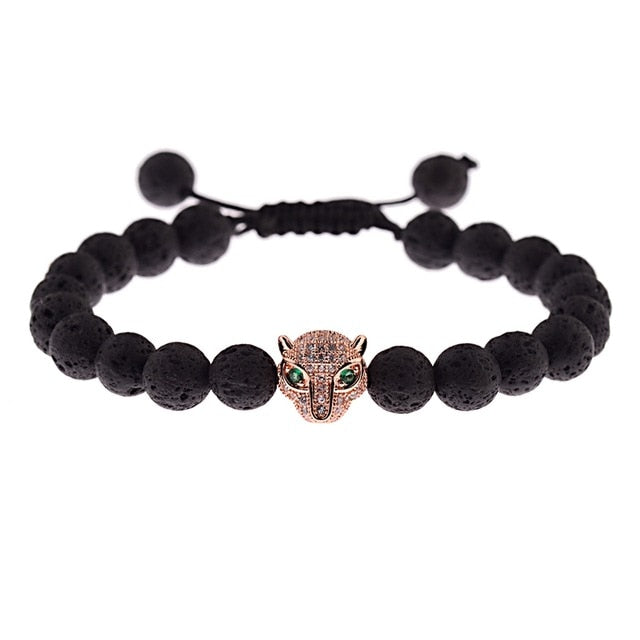 Rose Gold Cat Lava Rock Bead Bracelet