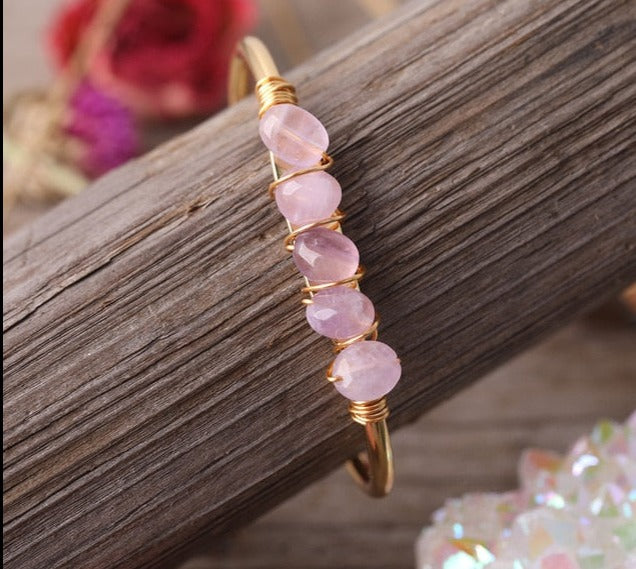 Rose Quartz Wire Wrap Cuff Gold Bracelets