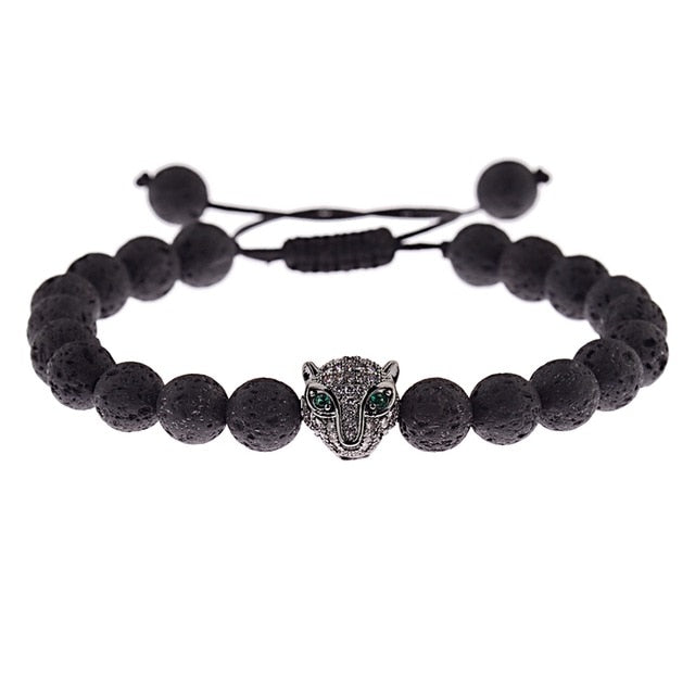 Silver Cat Lava Rock Bead Bracelet