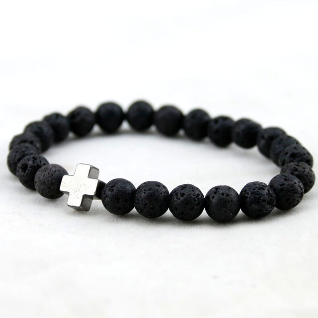 Silver Cross Lava Rock Bead Bracelet