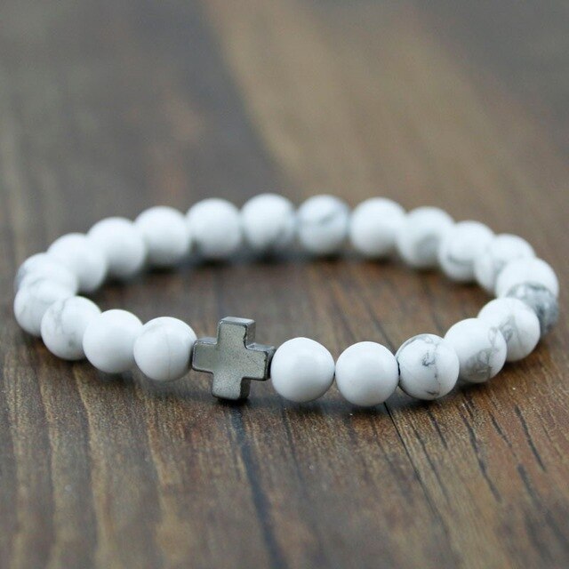 Silver Cross White Howlite Bead Bracelet