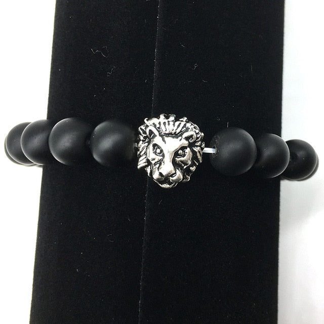 Silver Lion Charm Onyx Bead Bracelet