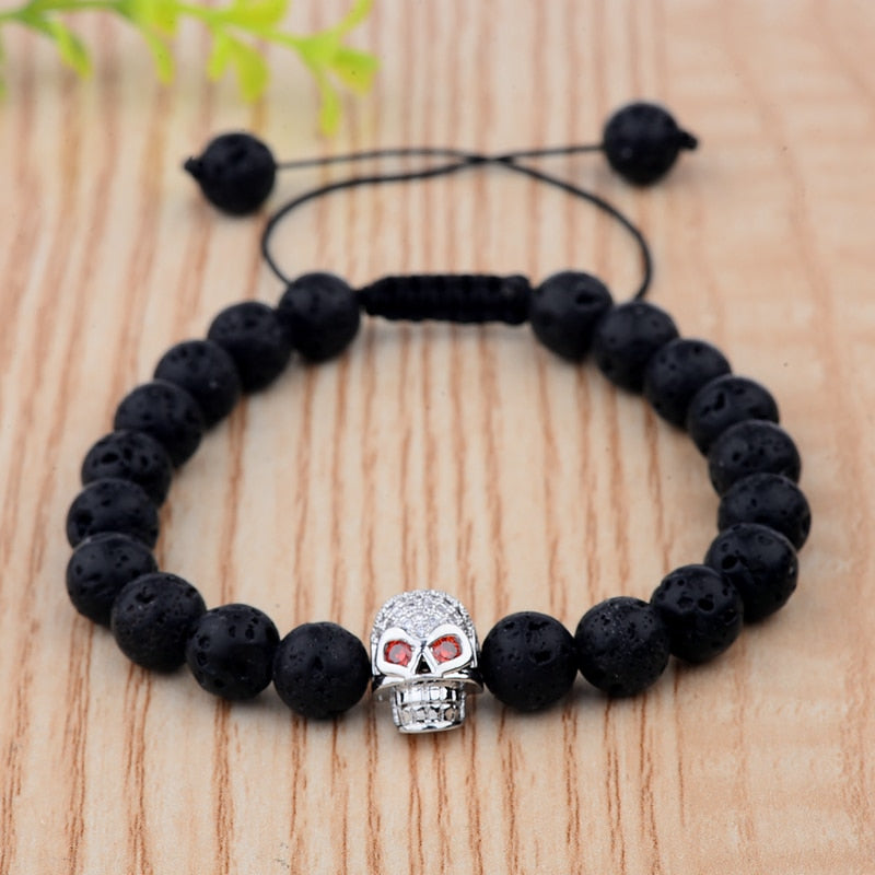 Silver Skull Lava Rock Bead Bracelets