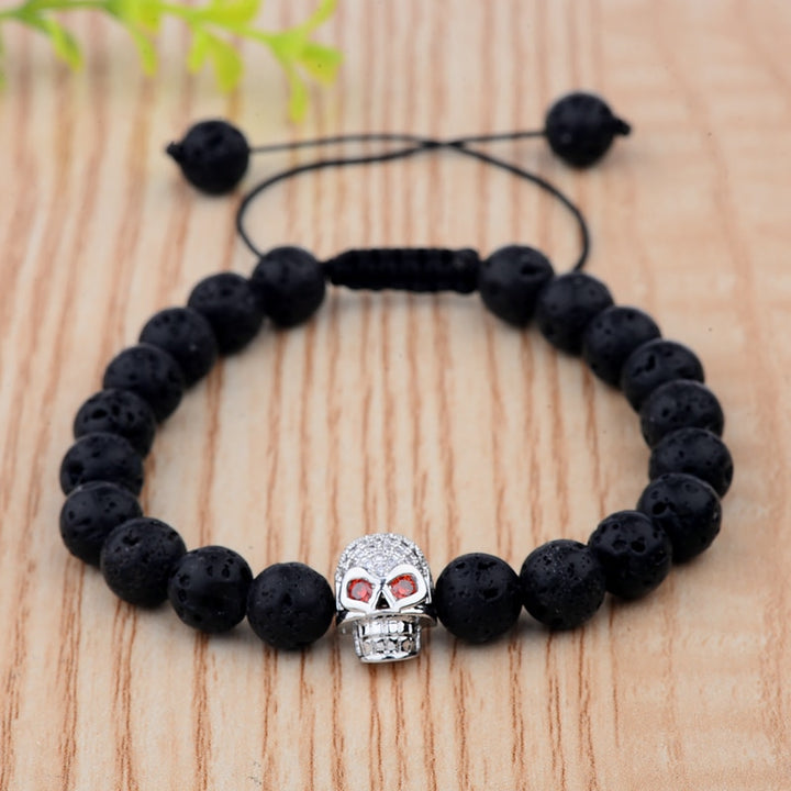 Silver Skull Lava Rock Bead Bracelets