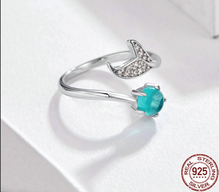 Sterling Silver Mermaid Tail Sea Glass Ring