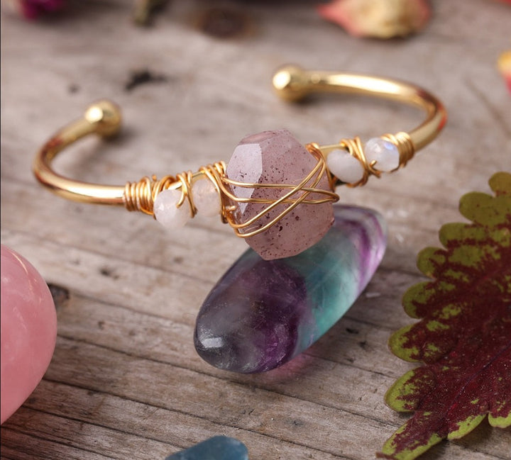 Strawberry Quartz Gold Wire Wrap  Bracelets 