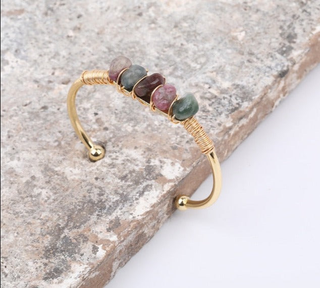 Watermelon Tourmaline Wire Wrap Gold Bracelet