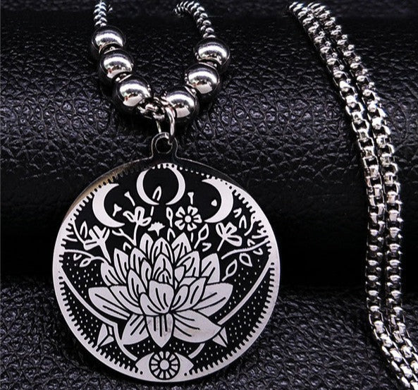 Crescent Moon & Lotus Eye Silver Necklace