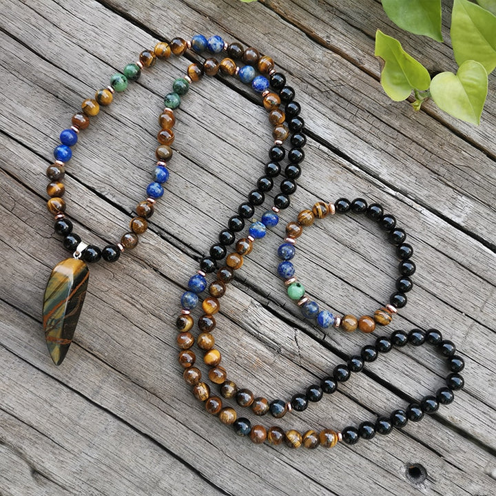 Tigers Eye & Lapis Lazuli Mala Prayer Necklaces - greenwitchcreations