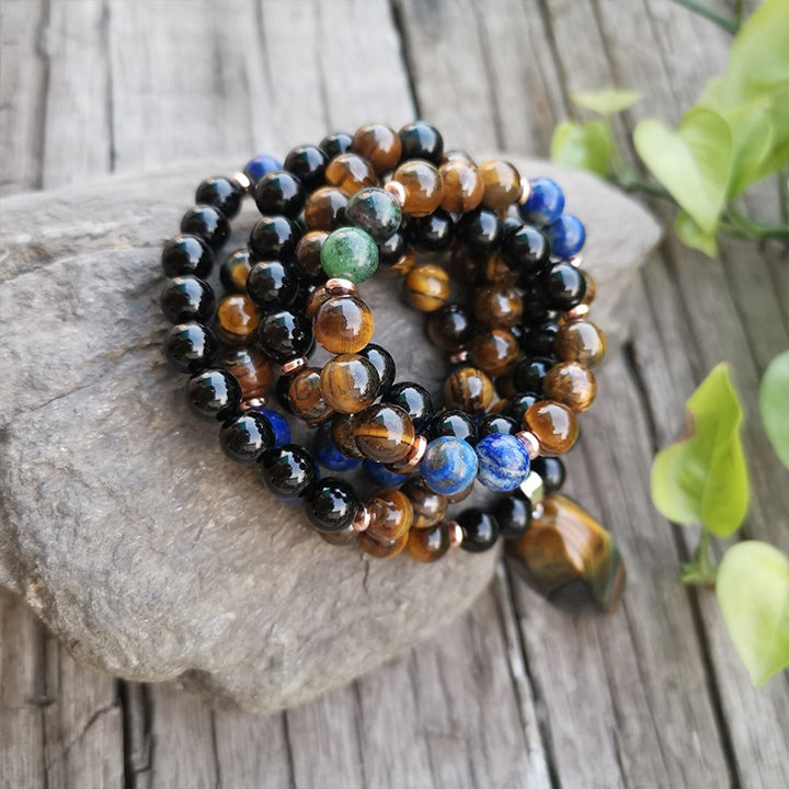 Tigers Eye & Lapis Lazuli Mala Prayer Necklaces - greenwitchcreations