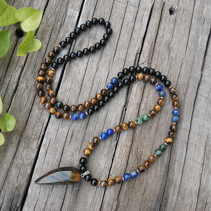 Tigers Eye & Lapis Lazuli Mala Prayer Necklaces - greenwitchcreations