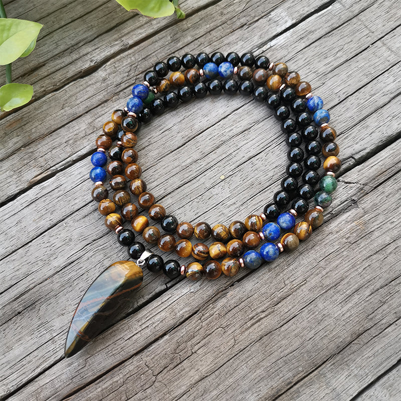 Tigers Eye & Lapis Lazuli Mala Prayer Necklaces - greenwitchcreations