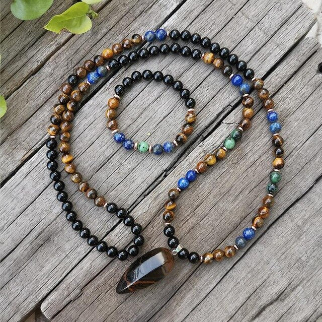 Tigers Eye & Lapis Lazuli Mala Prayer Necklaces - greenwitchcreations