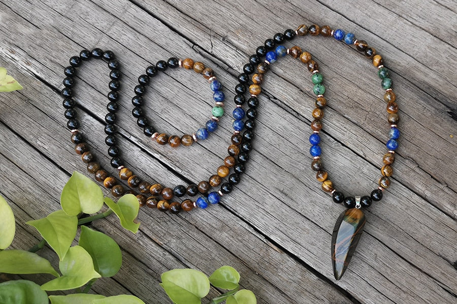 Tigers Eye & Lapis Lazuli Mala Prayer Necklaces - greenwitchcreations
