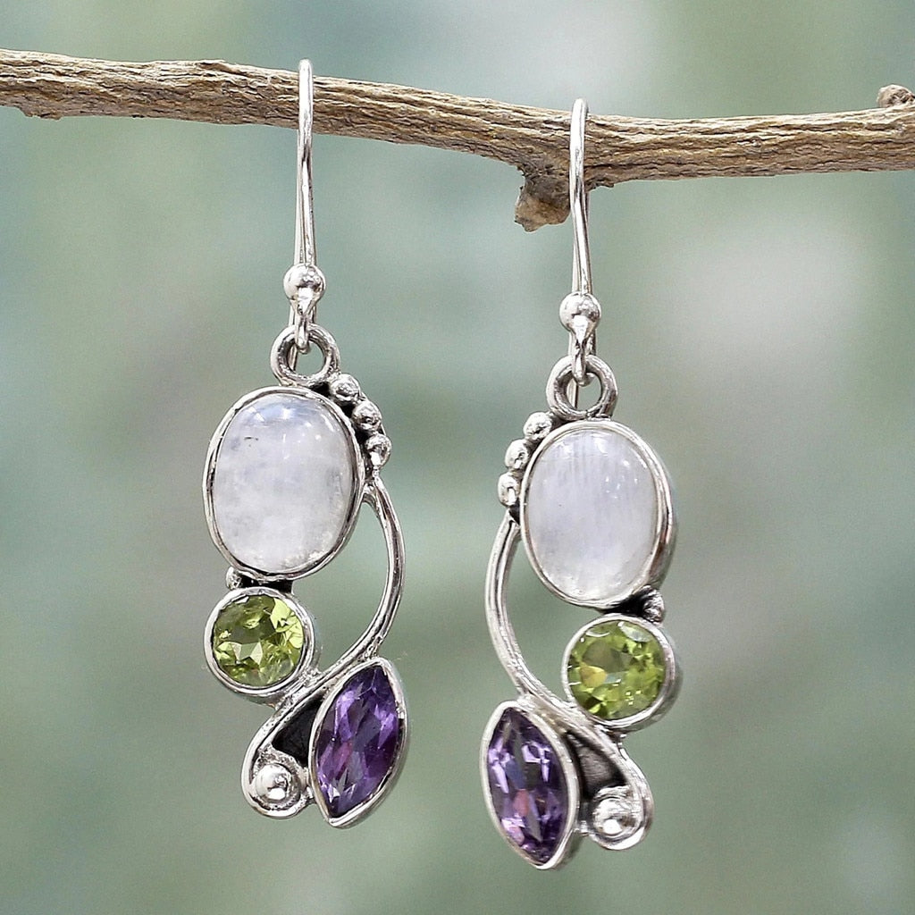 Moonstone, Peridot, Amethyst Silver Earrings - greenwitchcreations