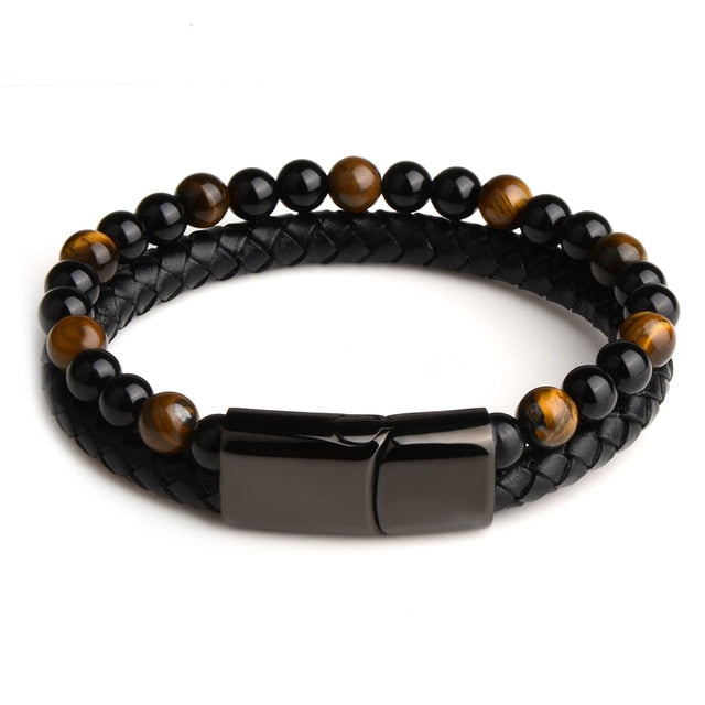 Men's Leather & Stone Bracelet For Sale