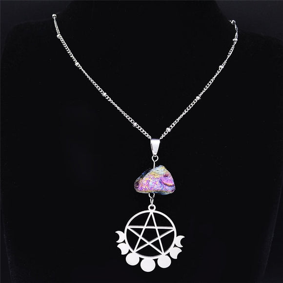 Pentacle Moon Phase Crystal Necklace - greenwitchcreations
