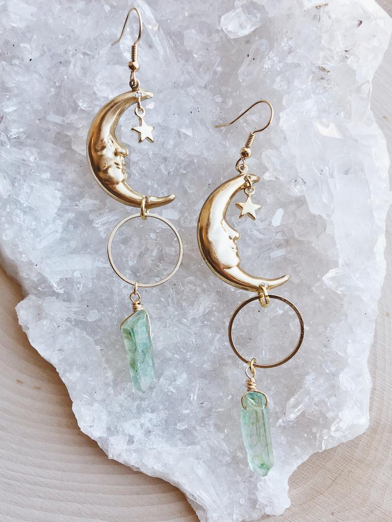 Green Quartz Moon Gold Earrings - greenwitchcreations