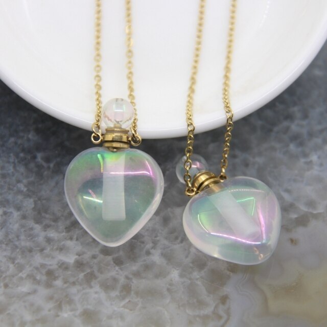 Rainbow Aura Quartz Heart Bottle Necklaces