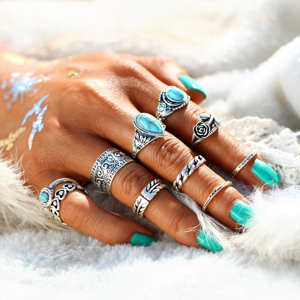 10 Piece Bohemian Ring Set - Color: Silver or Gold - greenwitchcreations