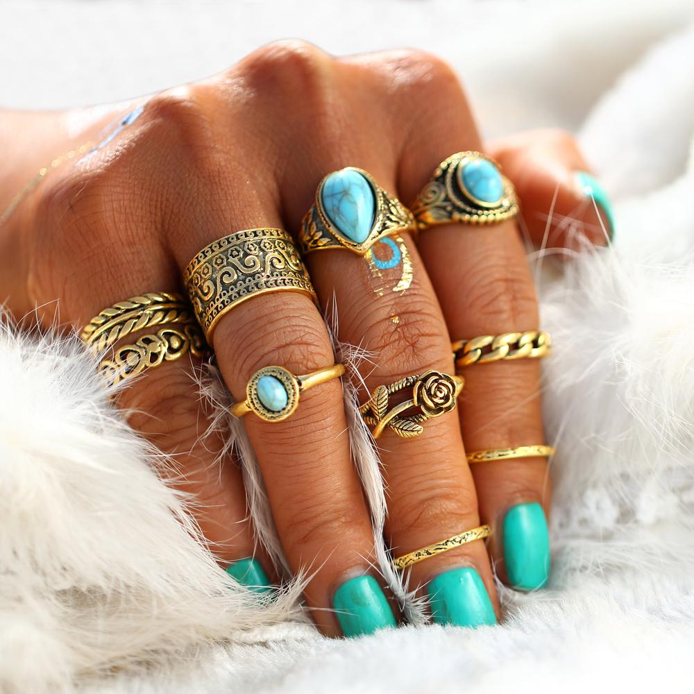 Gold Turquoise Bohemian Ring Set For Sale