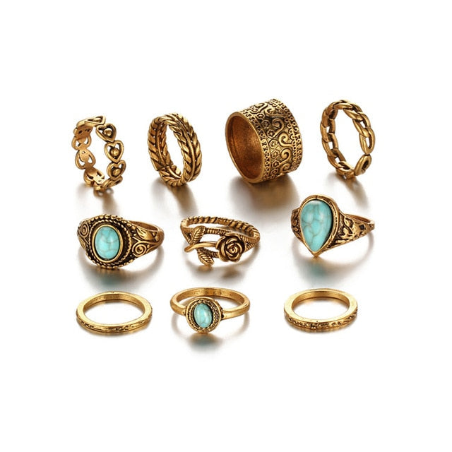 Turquoise Bohemian Ring Set For Sale'