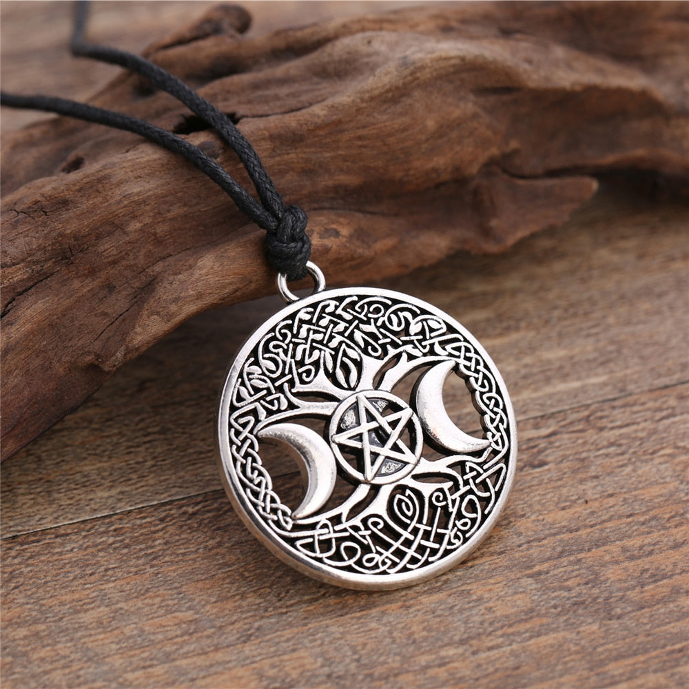 Pentacle Triple Moon Tree Silver Necklace